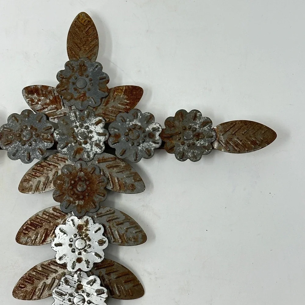 Rustic Distressed Metal Floral Wall Cross Brown Silver Weathered Farmhouse 11.5